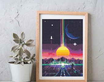 Retro Vaporwave Cross Stitch Pattern: Neon Cityscape Embroidery (PDF Pattern