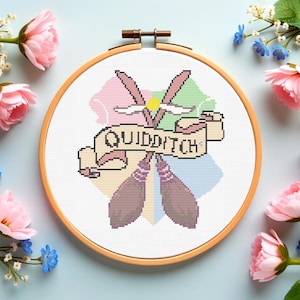 Fantasy Broomstick Sports Cross Stitch Pattern – Snitch-Inspired PDF Design with Banner & House Colors, Instant Digital Download