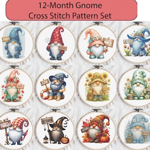 May include: A collection of twelve cross-stitch patterns, each showcasing a gnome representing a month. The gnomes are in embroidery hoops, holding signs with the month's name. The gnomes are dressed in different outfits and hats.