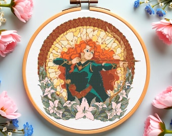 Princess Cross Stitch Pattern: Fantasy Archer, Floral DIY Decor (PDF Download)