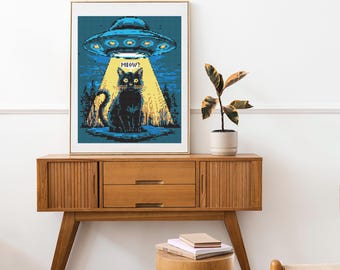 Funny Alien Cat Cross Stitch Pattern: UFO Abduction Embroidery (PDF Pattern)