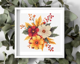 Kreuzstichmuster Herbst Blumen: Herbst Kreuzstich Stickdatei Herbst Blumen zum Sticken