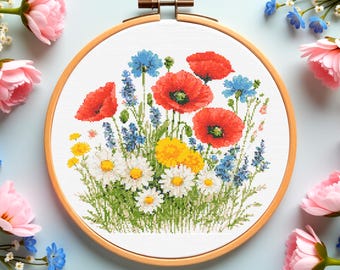 Wildflower Cross Stitch Pattern: Poppies, Daisies & Cornflowers (PDF Download)