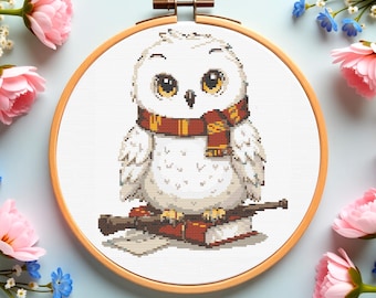 Snowy Owl Cross Stitch Pattern: Wizard Book & Wand Design (PDF Download)