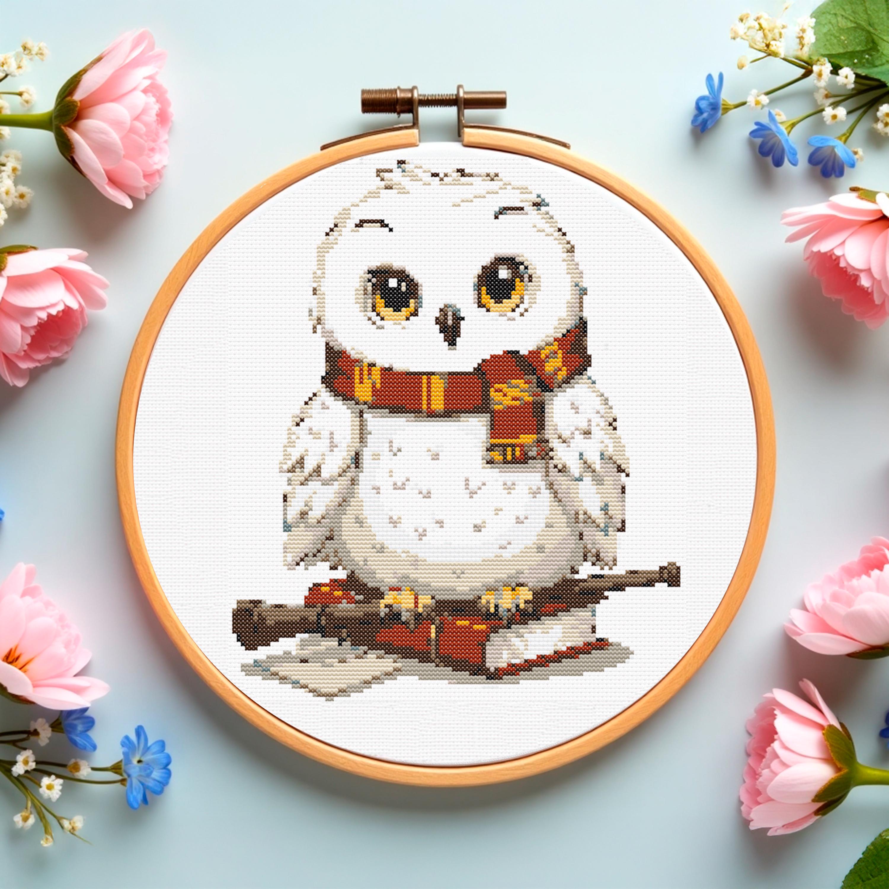 Snowy Owl Cross Stitch Pattern: Wizard Book & Wand Design (PDF Download)