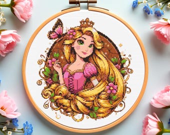 Princess Cross Stitch Pattern: Long Hair Girl, Pink Dress (Digital Download)