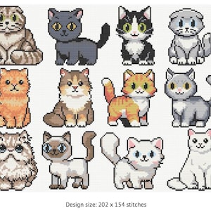 May include: A collection of twelve pixelated cat illustrations in various colors and patterns. The cats are depicted in a cross-stitch style, with details like fur and facial expressions. The design size is 202 x 154 stitches.