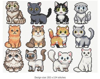 12 Kawaii Cat Cross Stitch Patterns, Cartoon Kitten Embroidery Bundle (PDF)
