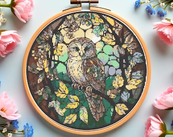 Eulen-Buntes Glas-Kreuzstich-Muster: Waldvogel-Stickerei (PDF-Muster)