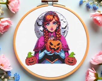 Halloween Princess Cross Stitch Pattern: Spooky Autumn Girl Embroidery (PDF Pattern