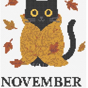 Cross stitch pattern set of 12 seasonal black cats, each in a unique monthly theme with flowers, costumes, or accessories. PDF digital download for embroidery lovers.