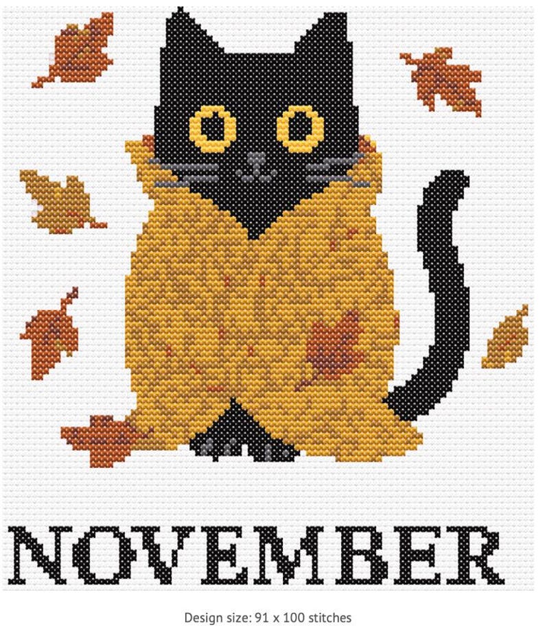 Cross stitch pattern set of 12 seasonal black cats, each in a unique monthly theme with flowers, costumes, or accessories. PDF digital download for embroidery lovers.