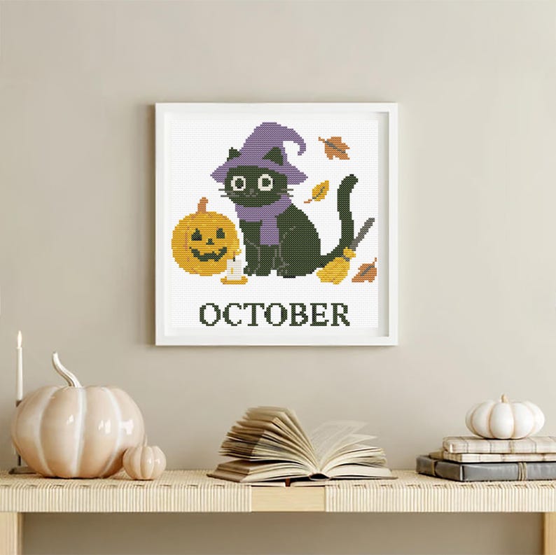 Cross stitch pattern set of 12 seasonal black cats, each in a unique monthly theme with flowers, costumes, or accessories. PDF digital download for embroidery lovers.