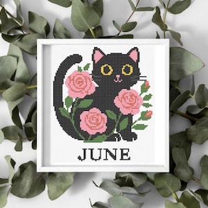 Cross stitch pattern set of 12 seasonal black cats, each in a unique monthly theme with flowers, costumes, or accessories. PDF digital download for embroidery lovers.