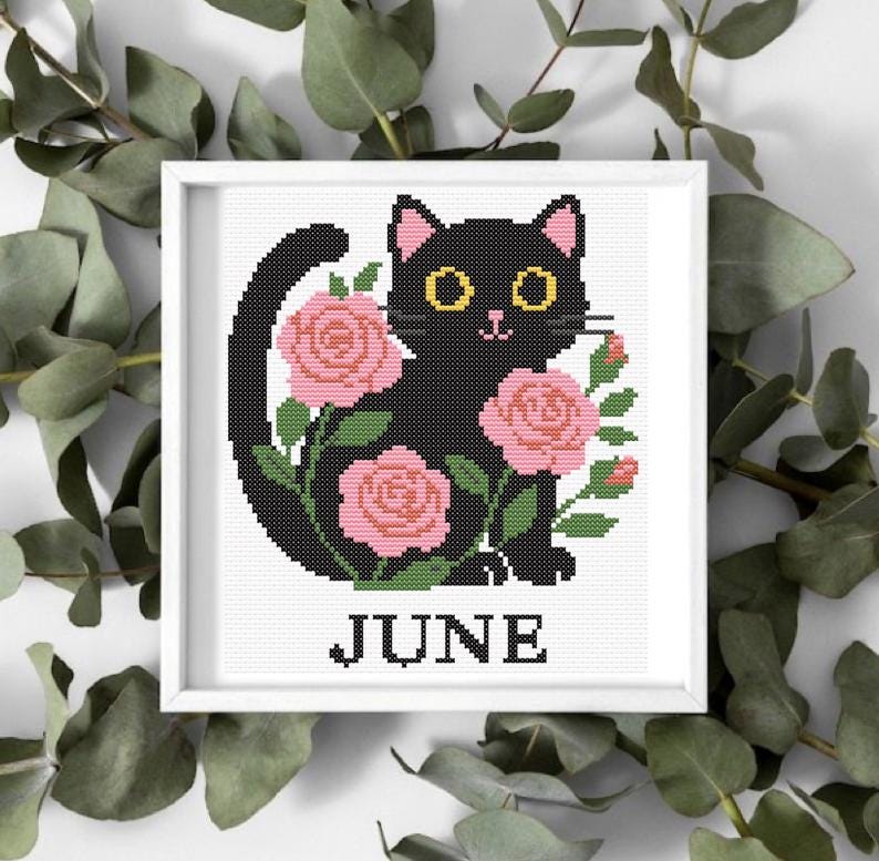 Cross stitch pattern set of 12 seasonal black cats, each in a unique monthly theme with flowers, costumes, or accessories. PDF digital download for embroidery lovers.