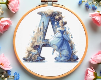 Princess Letter A Cross Stitch Pattern: Monogram Embroidery (PDF Digital File)