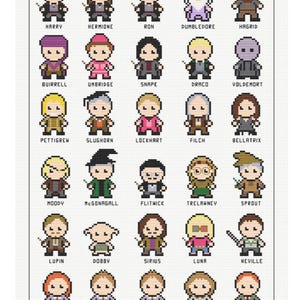 May include: A cross-stitch pattern titled Faces of the Wizarding World featuring thirty pixelated character figures arranged in a grid. Each character is labelled with a name below. The design size is 160 x 245 stitches with small shield icons in the corners.