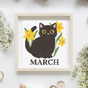 Cross stitch pattern set of 12 seasonal black cats, each in a unique monthly theme with flowers, costumes, or accessories. PDF digital download for embroidery lovers.