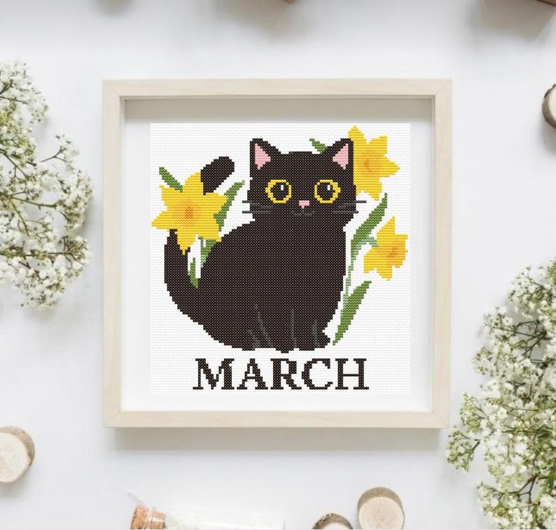 Cross stitch pattern set of 12 seasonal black cats, each in a unique monthly theme with flowers, costumes, or accessories. PDF digital download for embroidery lovers.