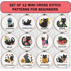 May include: A set of 12 mini cross stitch patterns for beginners. Each pattern features a black cat with seasonal elements, such as flowers, leaves, and holiday decorations, inside a wooden embroidery hoop. The months of the year are labeled.