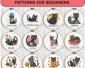 Mini Cat Cross Stitch Patterns: Monthly Kitten Embroidery (PDF Download, Beginner Friendly)