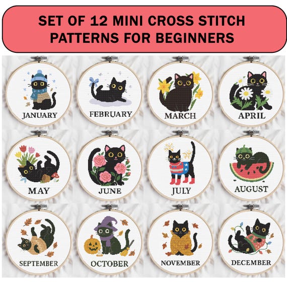 Mini Cat Cross Stitch Patterns: Monthly Kitten Embroidery (PDF Download, Beginner Friendly)