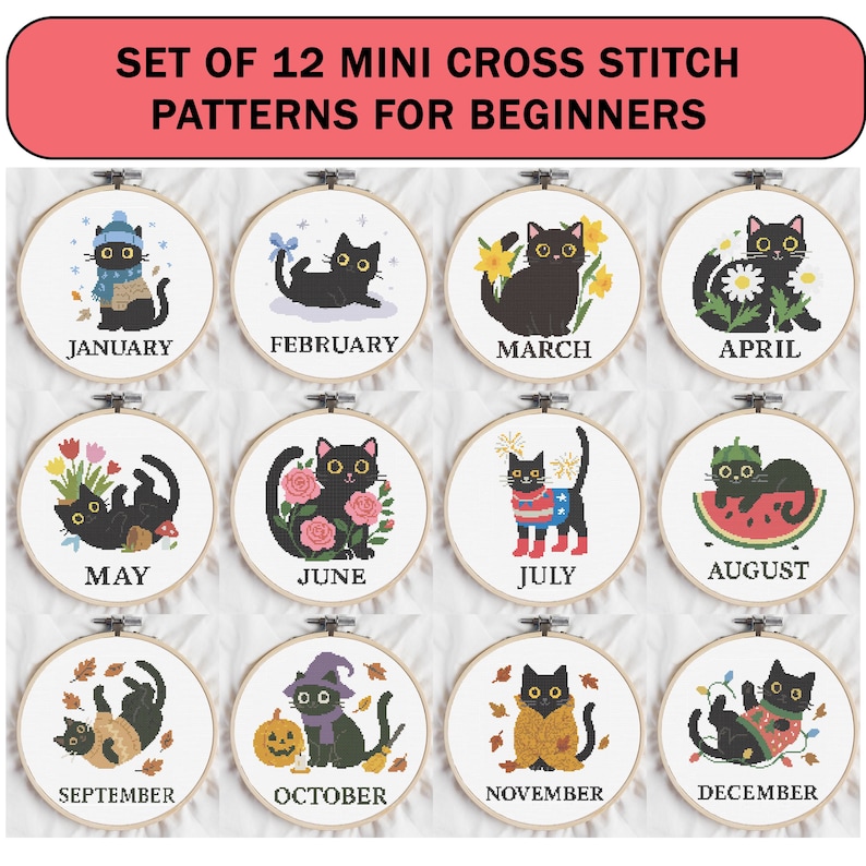 Cross stitch pattern set of 12 seasonal black cats, each in a unique monthly theme with flowers, costumes, or accessories. PDF digital download for embroidery lovers.