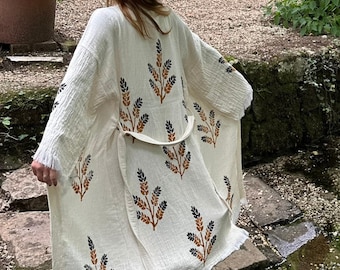 Boho-Strandoutfit für Damen, Strandmode, handgefertigter Bademantel aus türkischer Baumwolle, handgefertigter Bademantel mit Blockdruck, Strandkimono, Spa-Bademantel, Luxusmode, Kimono