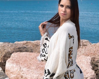 Boho strandoutfit voor dames, strandkleding, handgemaakte Turkse katoenen badjas, handgemaakte badjas met blokdruk, strandkimono, spabadjas, luxe kleding, kimono