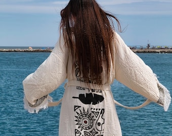 Dames strandoutfit, strandkleding, Turkse katoenen badjas, mousseline katoenen kimono, handgemaakte Turkse katoenen badjas, badjas met uniek design