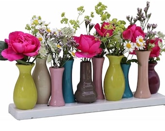Jinfa handgefertigt Vasen Set 10 kleine Keramikvasen | bunt weiß antikweiß schwarz Blumenvase Deko Mini Gesteck Arrangement beige Tafeldeko