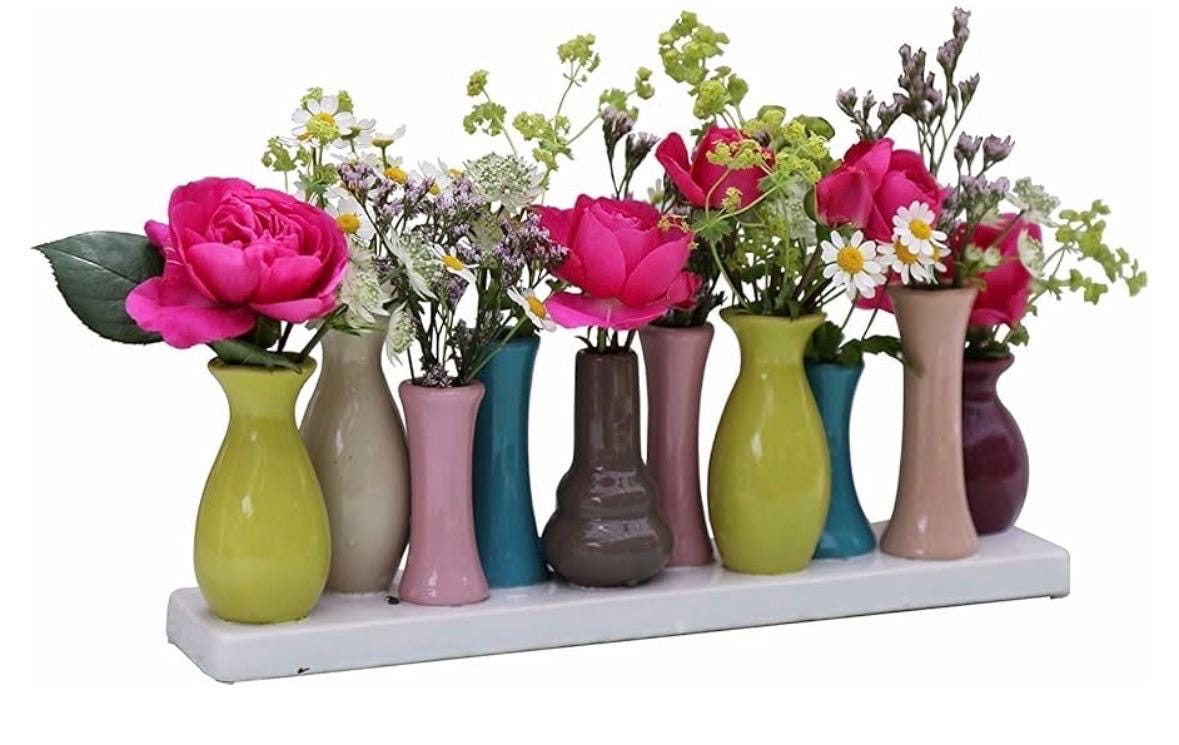 Jinfa handgefertigt Vasen Set 10 kleine Keramikvasen | bunt weiß antikweiß schwarz Blumenvase Deko Mini Gesteck Arrangement beige Tafeldeko