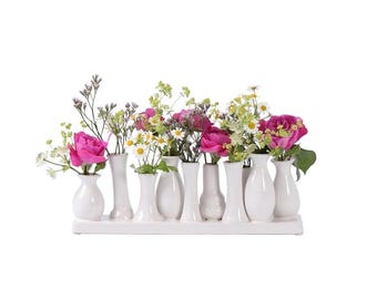 Jinfa dekoratives Vasenset aus 10 kleinen Keramikvasen weiß - Vasen Blumenvase Deko Mini Väschen Keramikväschen Geschenk auf festem Sockel