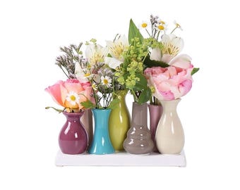Jinfa Vasen Set 7 kleine Keramikvasen bunt / weiß / antikweiß / schwarz Blumenvase Deko Mini Gesteck Arrangement Geschenk beige Tischdeko