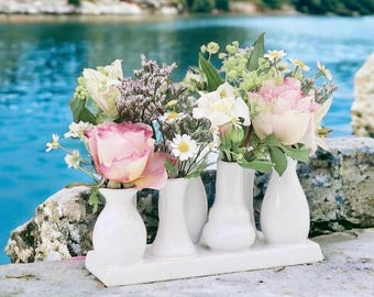 Jinfa dekoratives Vasenset aus 7 kleinen Keramikvasen weiß - Vasen Blumenvase Deko Mini Väschen Keramikväschen Geschenk auf festem Sockel