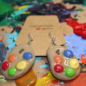 Handmade Polymer Clay Artist Palette Earrings: Rainbow Paint Dabs