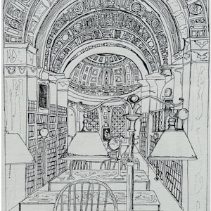 Arte mural de la Biblioteca Pública de Boston, Impresión de un monumento de Boston, Boceto arquitectónico histórico de Boston, Decoración de pared de la biblioteca, Impresión de póster de Boston