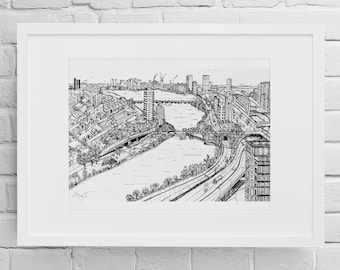 May include: A black and white ink drawing of a city skyline featuring a river flowing through the centre, multiple bridges, high-rise buildings, and a multi-lane highway, all encased in a simple white rectangular frame with a wide mat border.