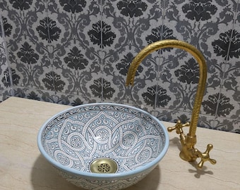 Handmade Moroccan Vessel Sink | Blue & Grey Ceramic Basin