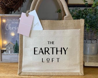 Juego de 30 bolsas de yute con logotipo personalizado impreso y bolsillo de lona. Bolsa de regalo personalizada. Bolsa de regalo para dama de honor o de bienvenida para bodas.
