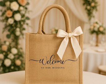 Juego de 30 bolsas de yute con logotipo personalizado - Bolsa de yute clásica - Bolsa de arpillera personalizada - Bolsa de regalo para dama de honor - Bolsa de bienvenida para boda
