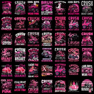May include: A collection of graphic designs on a black background featuring pink monster trucks, dinosaurs, and breast cancer awareness ribbons. Text includes phrases like Crush Breast Cancer, Cool Boys Wear Pink, and In October We Wear Pink.