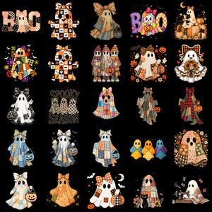 Könnte beinhalten: Eine Sammlung von fünfundzwanzig digitalen Illustrationen mit Geistern in verschiedenen Mustern, Schleifen und Halloween-Motiven wie Kürbissen, Katzen und Nähutensilien. Die Designs umfassen Patchwork-, Karomuster und florale Drucke auf schwarzem Hintergrund.