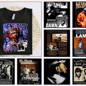 Op de afbeelding: Zwart T-shirt met een collage van Kendrick Lamar-afbeeldingen en het woord "KENDRICK" in blauw en paars. Albumhoezen van "DAMN." en "Mr. Morale & The Big Steppers" zijn ook zichtbaar.