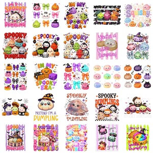 May include: A collection of twenty-five digital illustrations featuring cute, anthropomorphic dumplings in various Halloween-themed costumes, including witch hats and ghost outfits, paired with colorful bows, pumpkins, and text like Spooky Dumpling.