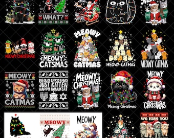 Paquete navideño maullador (Png), gato navideño (Png), diseño de sublimación de gatos lindos con sombrero (Png), feliz año nuevo (Png), descarga de camisetas para amantes de los gatos