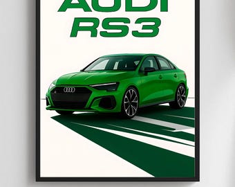 May include: Green Audi RS3 car poster with the text "AUDI RS3" in green. The words "Digital Download" are at the bottom of the poster. The car is a bright green color with black wheels and a black frame.
