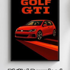 Póster digital del Golf GTI – Impresión del Golf GTI rojo – Arte mural deportivo – Póster de coche moderno – Descarga instantánea – Impresión artística de Volkswagen