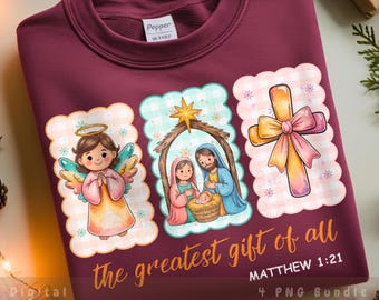 Weihnachtskrippe PNG Bundle | Engel, Krippe & Kreuz | Christian Christmas Sublimation Design, das größte Geschenk von allen digitalen Download