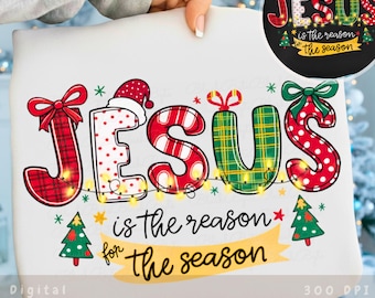 Jesus Is The Reason For The Season PNG Bundle, Coquette Christian Christmas Sublimation Design with Santa Hat, Bows & Christmas Tree Clipart